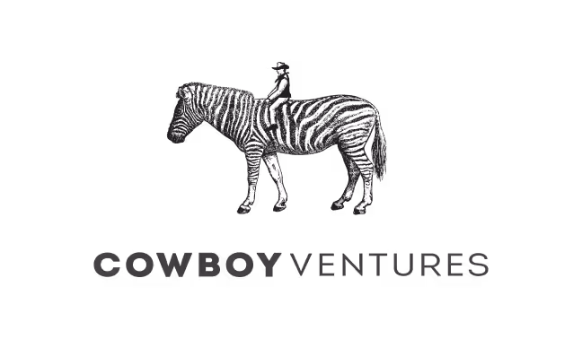 Black and white logo of a person wearing a cowboy hat riding a zebra with text Cowboy Ventures below.