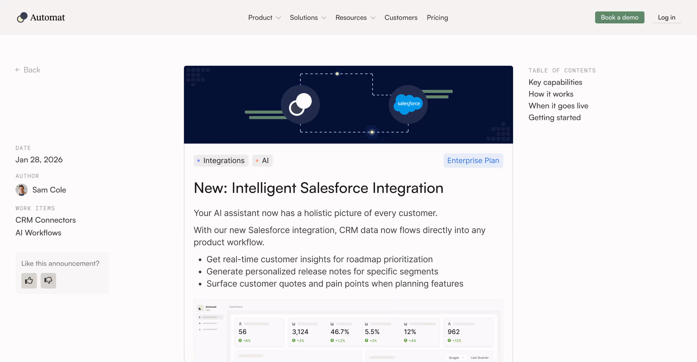 Web page announcing new intelligent Salesforce integration for CRM with AI-driven customer insights and workflows.