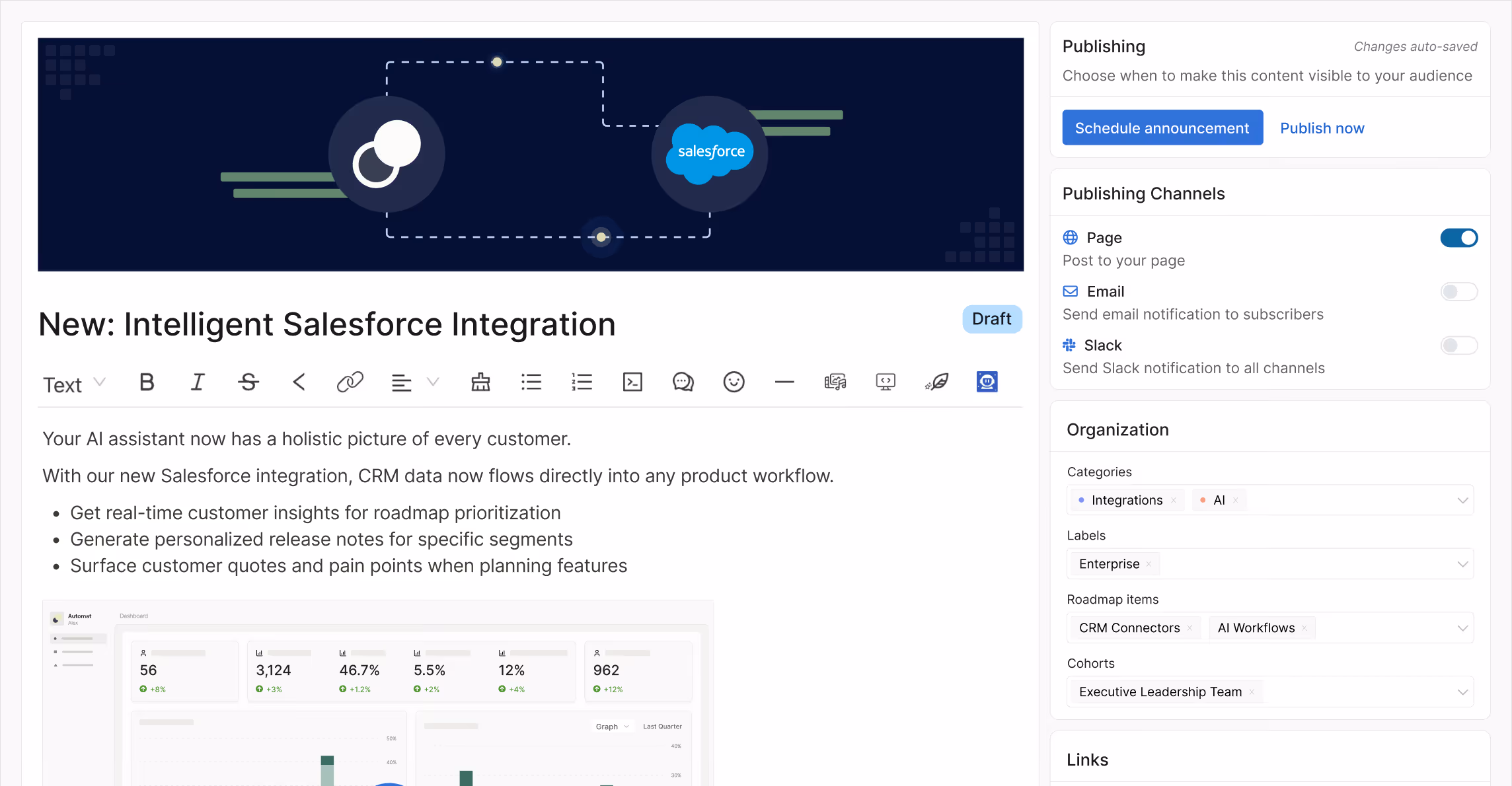 Dashboard and editor screen for intelligent Salesforce integration with CRM data and AI assistant features.