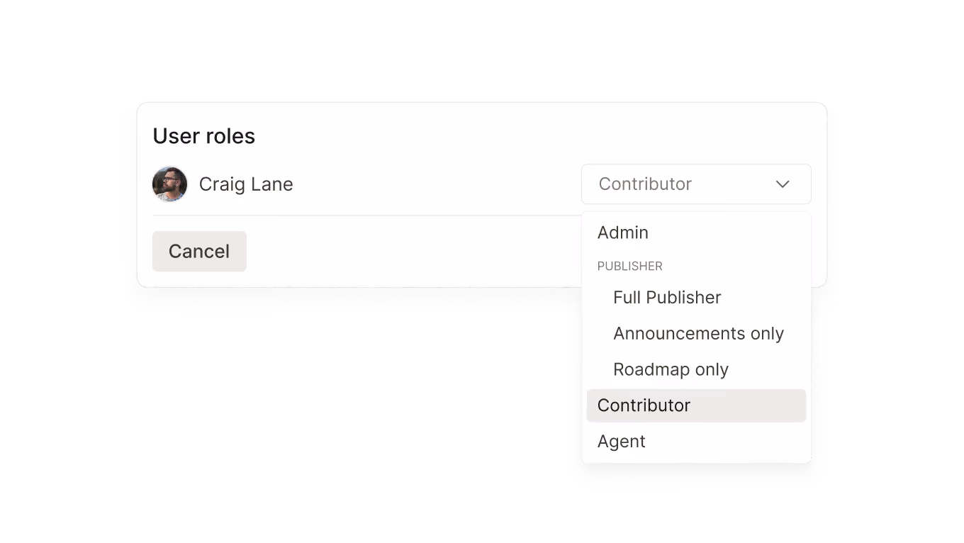 User roles dropdown menu showing options Admin, Publisher, Contributor, Agent, and Greg with Cancel button.