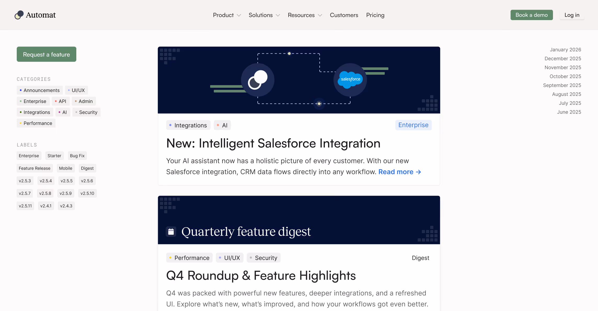 Webpage showing Salesforce integration announcement and Q4 feature digest with navigation and categories.