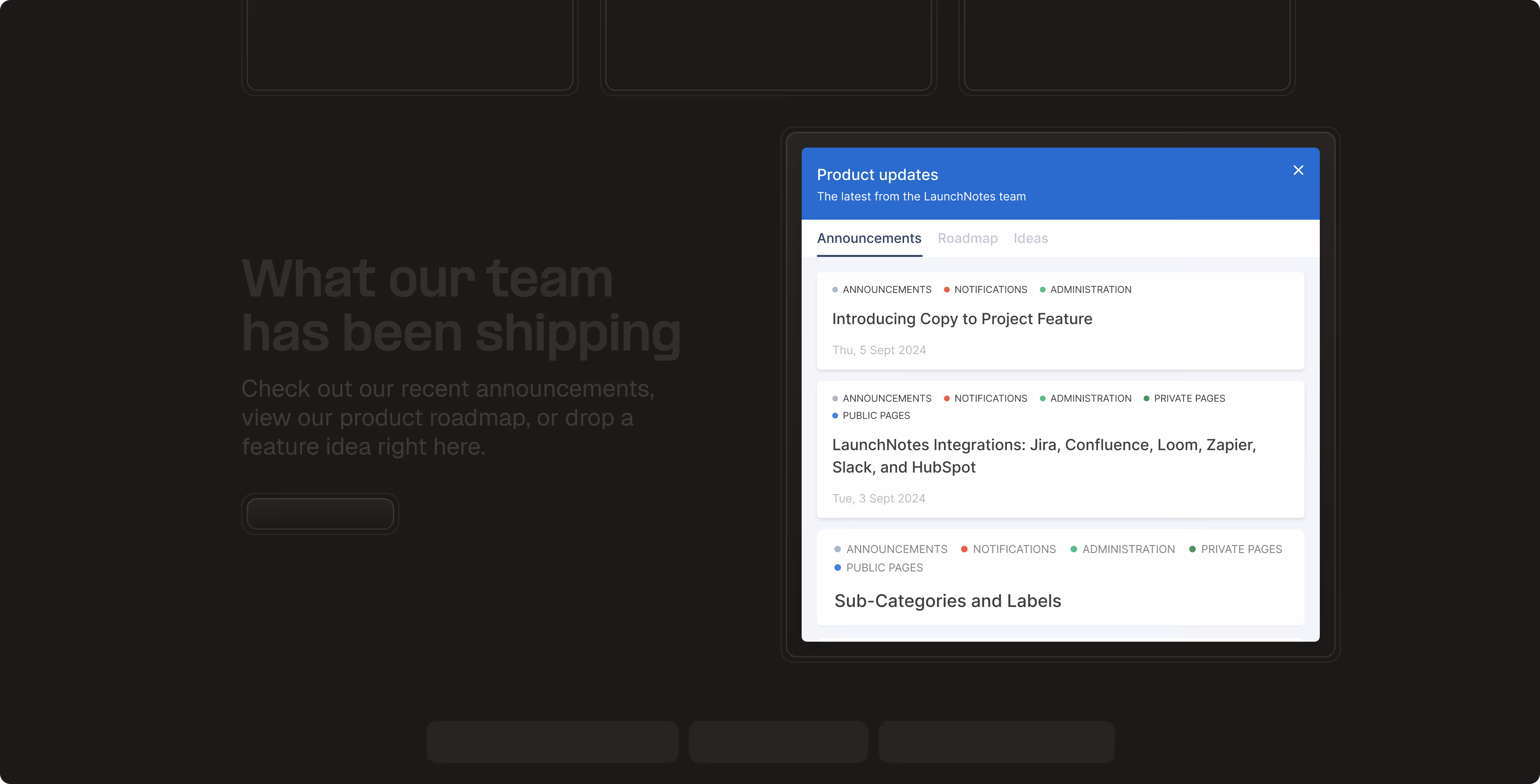 Product updates widget showing announcements including new copy to project feature and integrations.