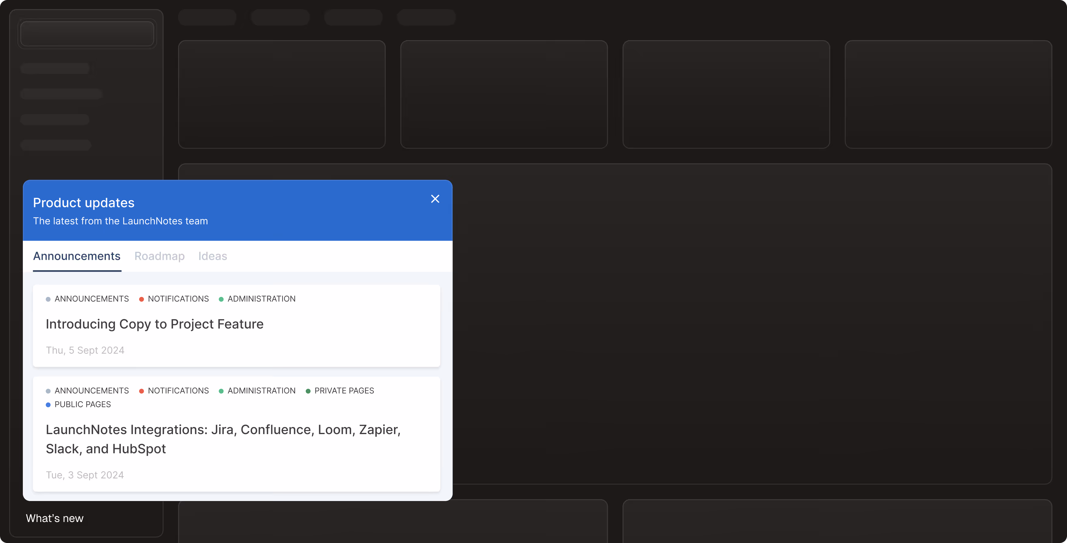 Popup titled Product updates showing announcements about Copy to Project and LaunchNotes integrations.