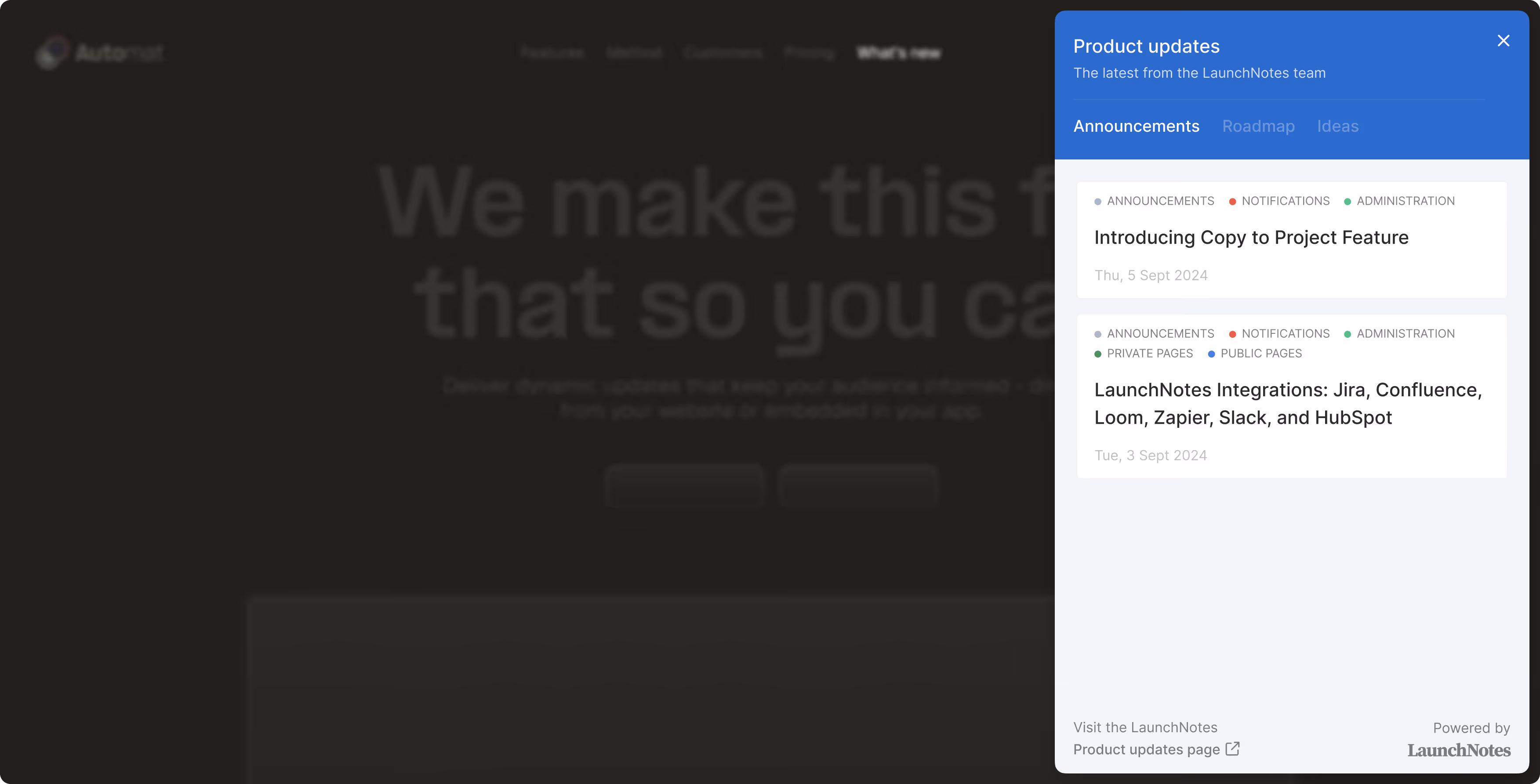 Panel showing product updates with announcements about new features and integrations dated September 2024.