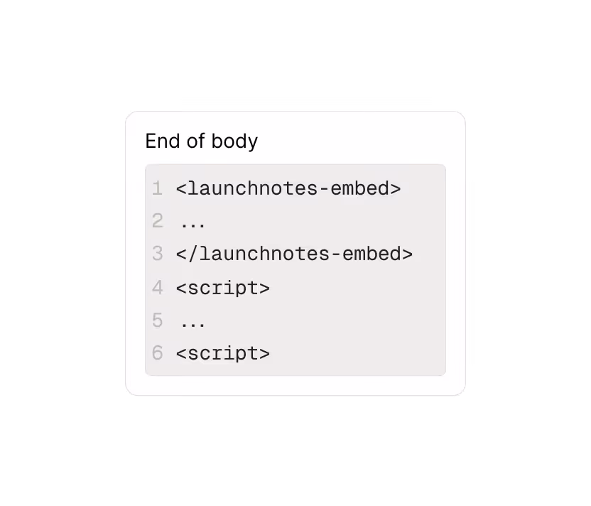 Code snippet showing HTML tags for launchnotes-embed and script at the end of body section.