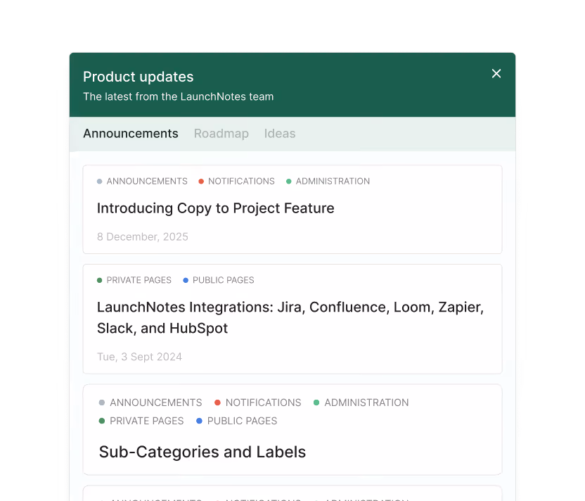 Product updates panel showing announcements including new copy feature and LaunchNotes integrations.