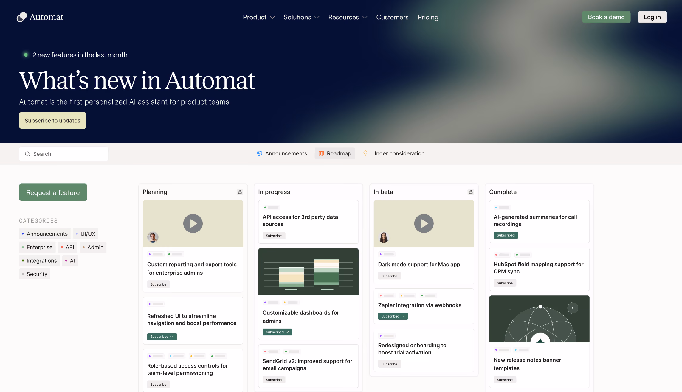 Automat product roadmap showing planning, in progress, beta, and completed features with subscription options.