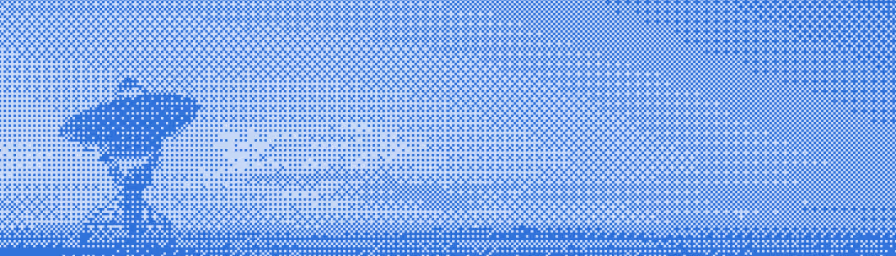 Blue pixelated image of a large satellite dish against a sky with clouds.