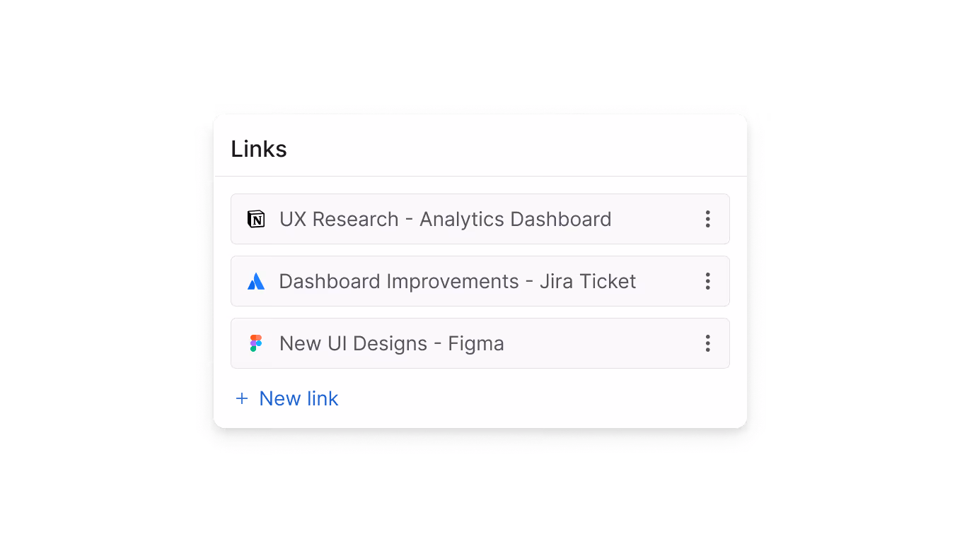 Interface showing three links: UX Research Analytics Dashboard, Jira Ticket, and New UI Designs in Figma.