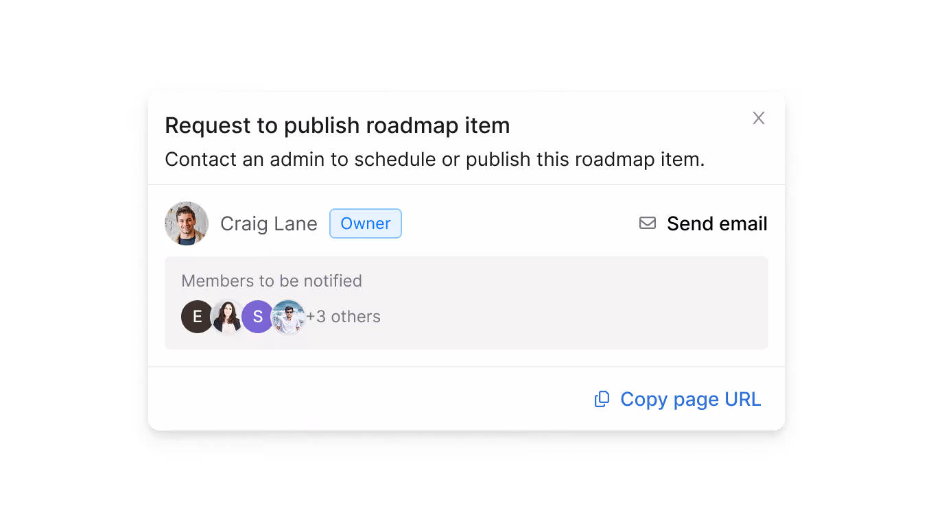 Pop-up requesting to contact admin to publish roadmap item, showing owner Craig Lane and members to notify.