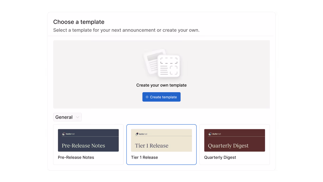 Interface to choose or create a template for announcements with options: Pre-Release Notes, Tier 1 Release, Quarterly Digest.