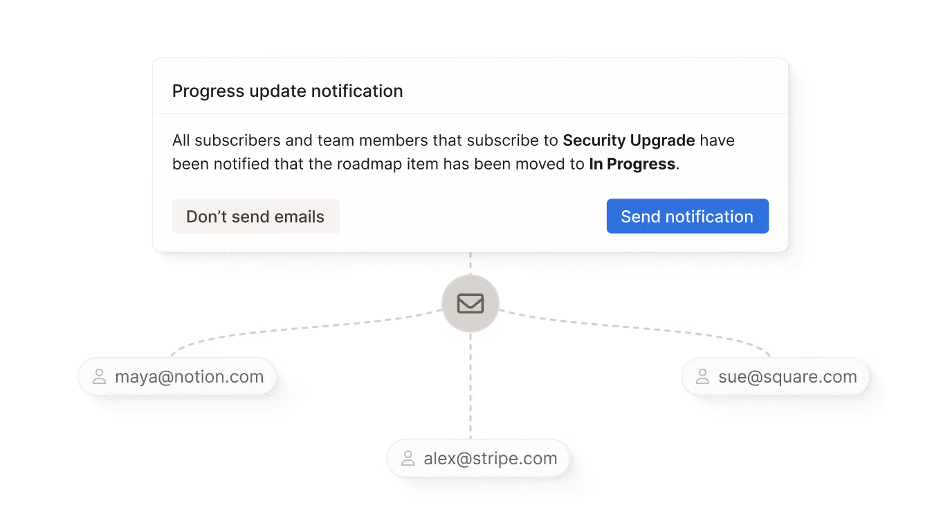 Notification window for progress update on Security Upgrade with options to send or not send emails to listed subscribers.