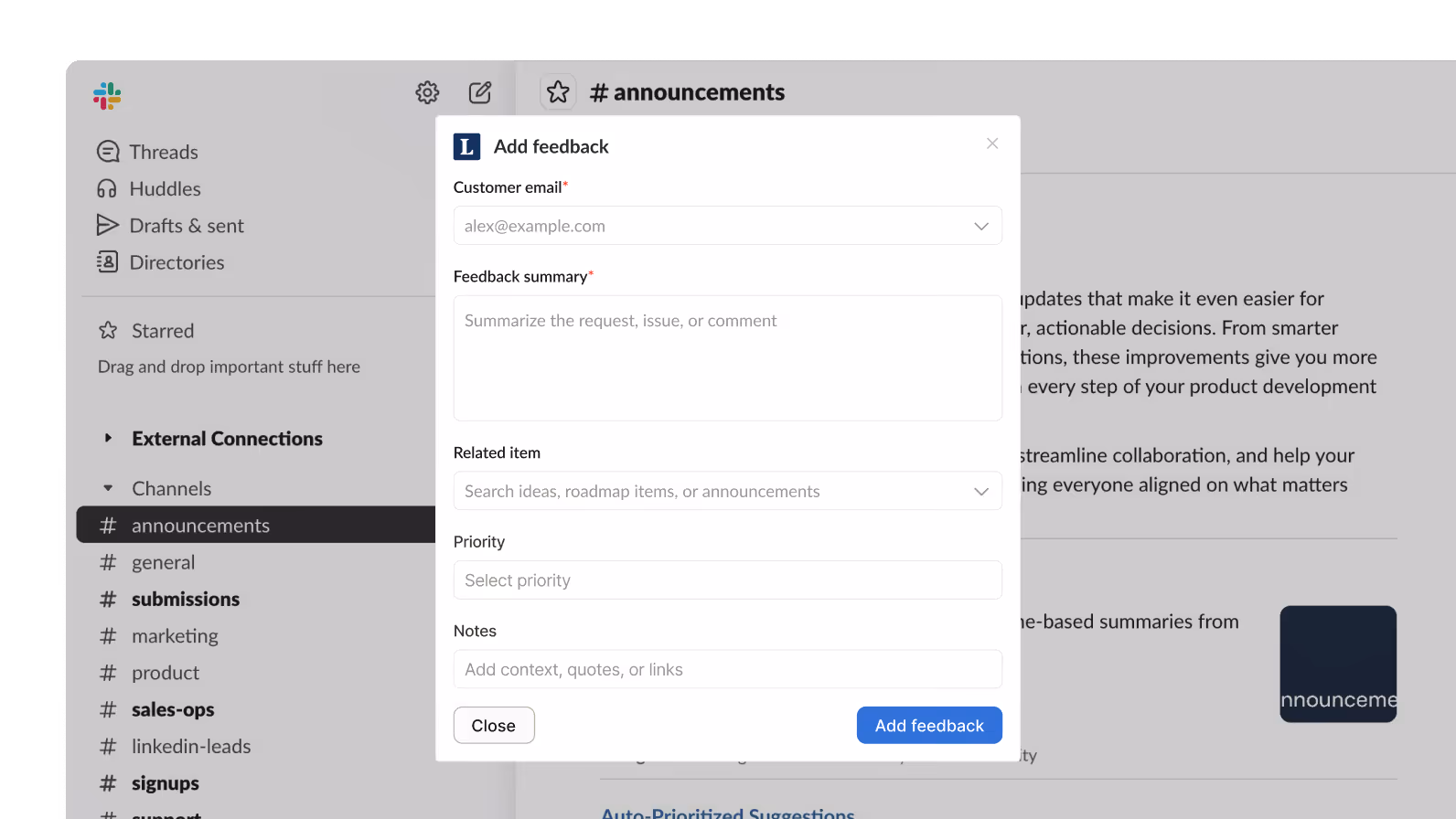 Slack interface showing an Add feedback form with fields for email, summary, related item, priority, and notes.
