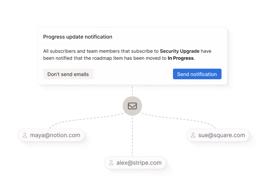 Progress update notification about Security Upgrade sent to maya@notion.com, alex@stripe.com, and sue@square.com.