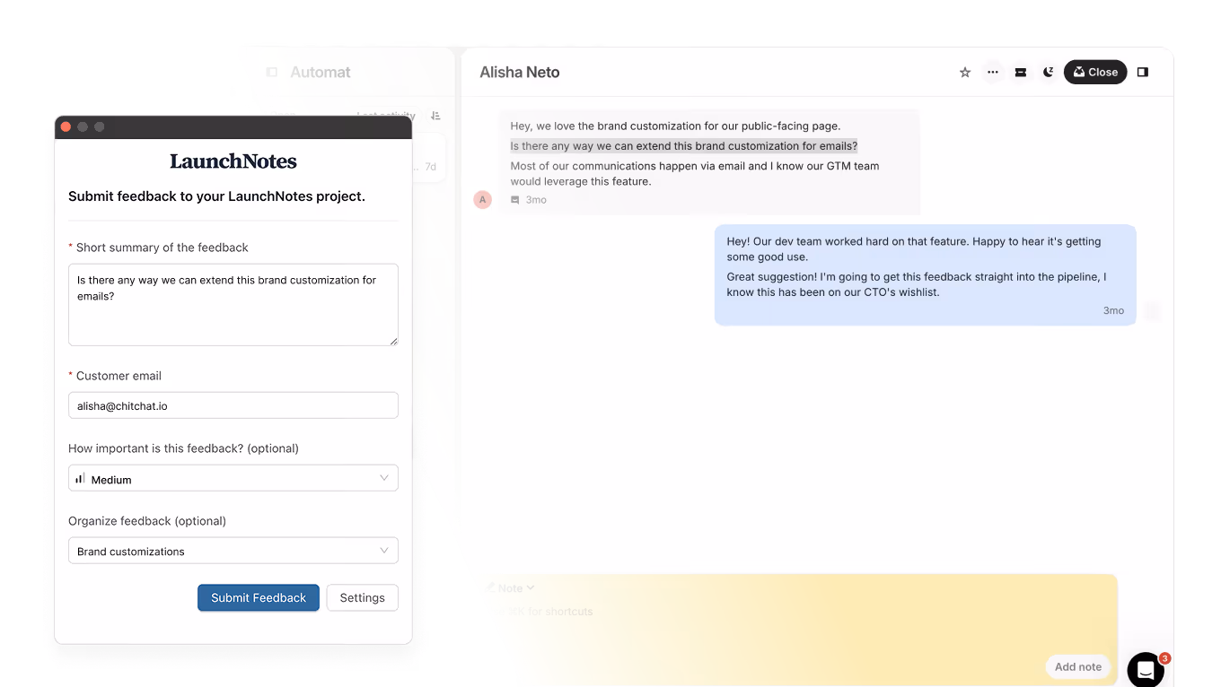 Feedback form for LaunchNotes and a conversation about extending brand customization to emails.