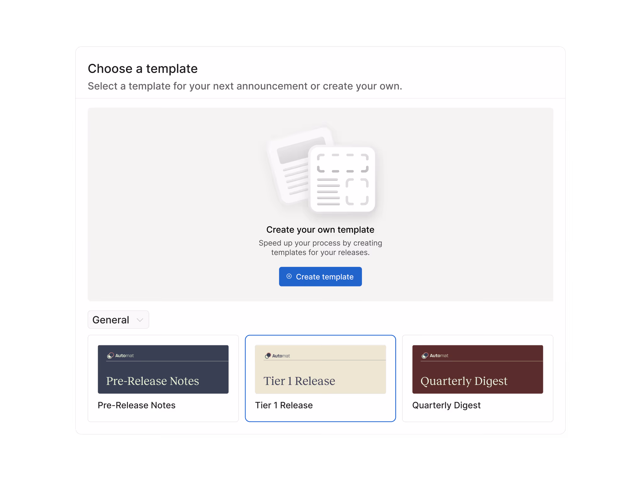 Interface to choose or create a template for announcements with options like Pre-Release Notes and Quarterly Digest.