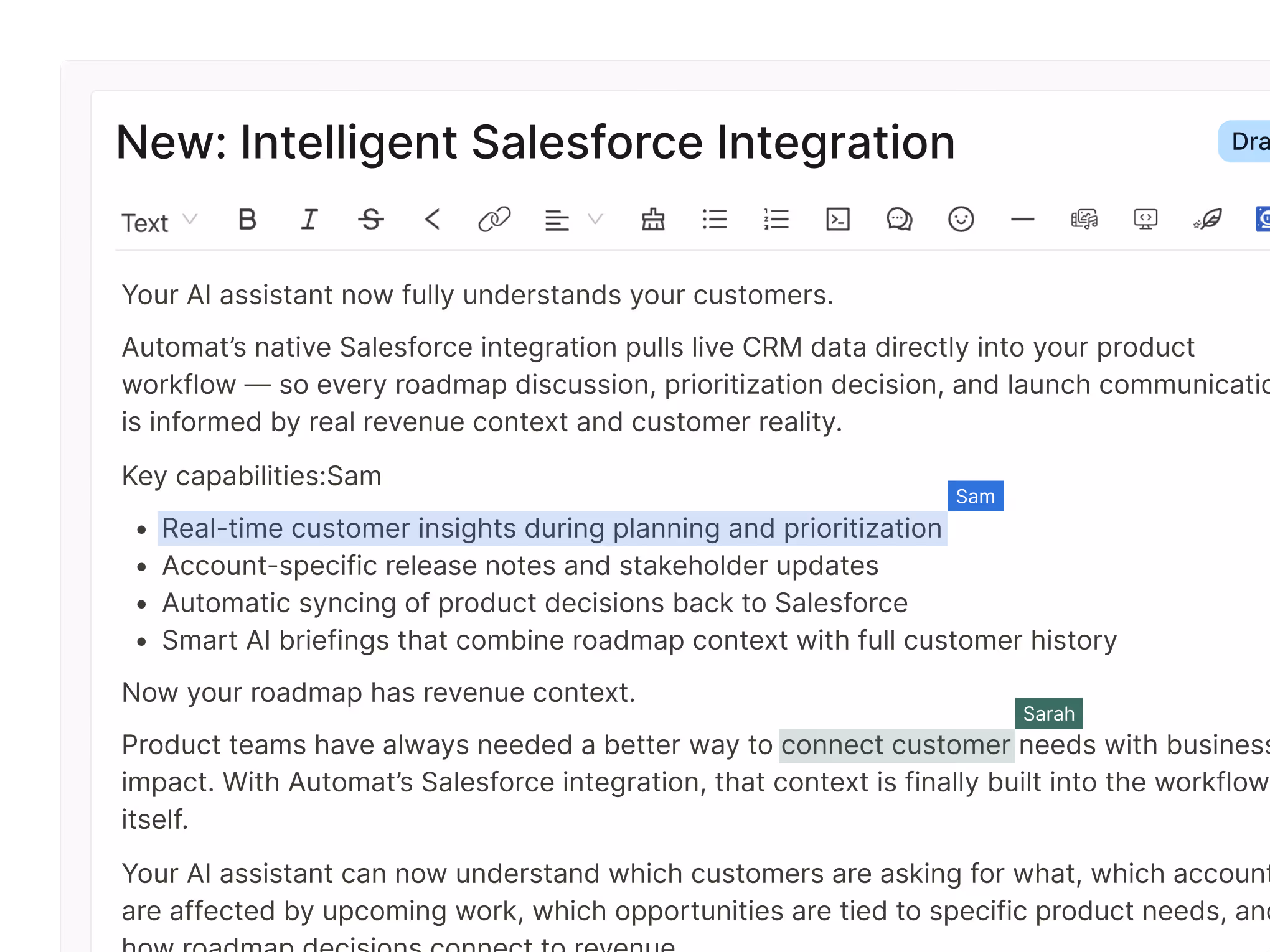 Text about new Salesforce integration with AI assistant providing real-time customer insights and syncing data.