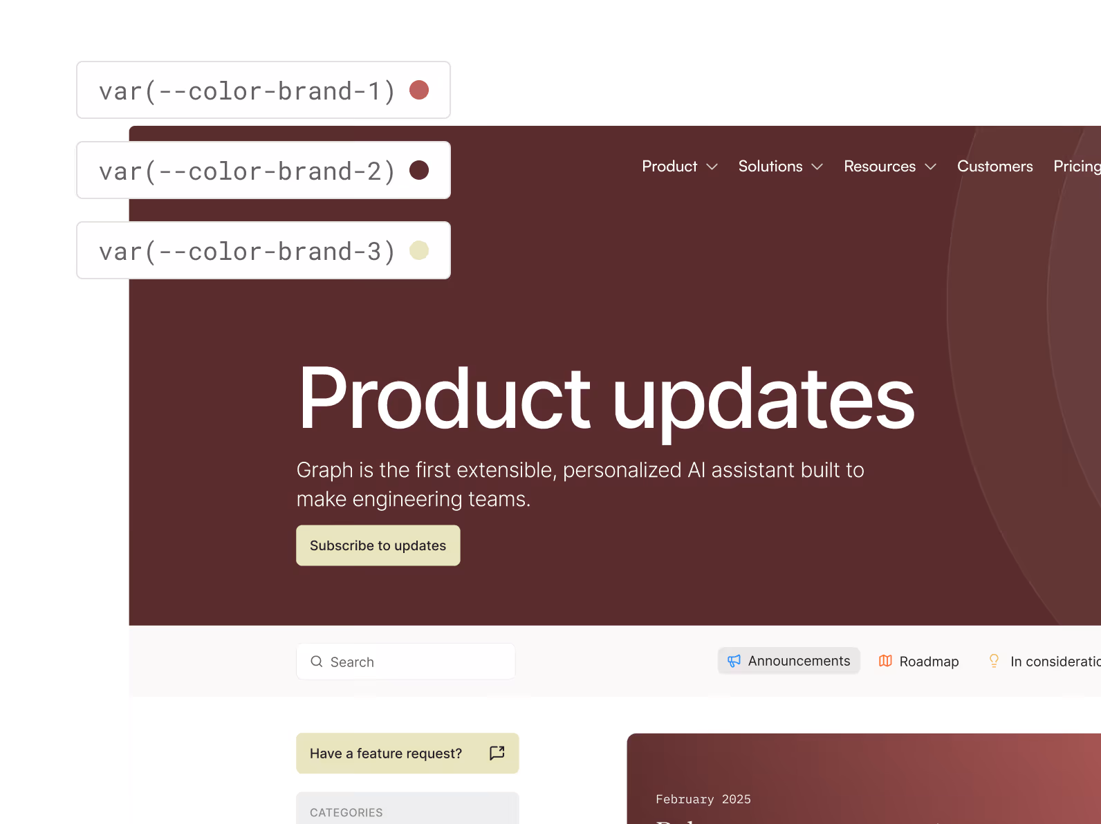 Webpage titled Product updates describing an AI assistant for engineering teams with subscription and search options.