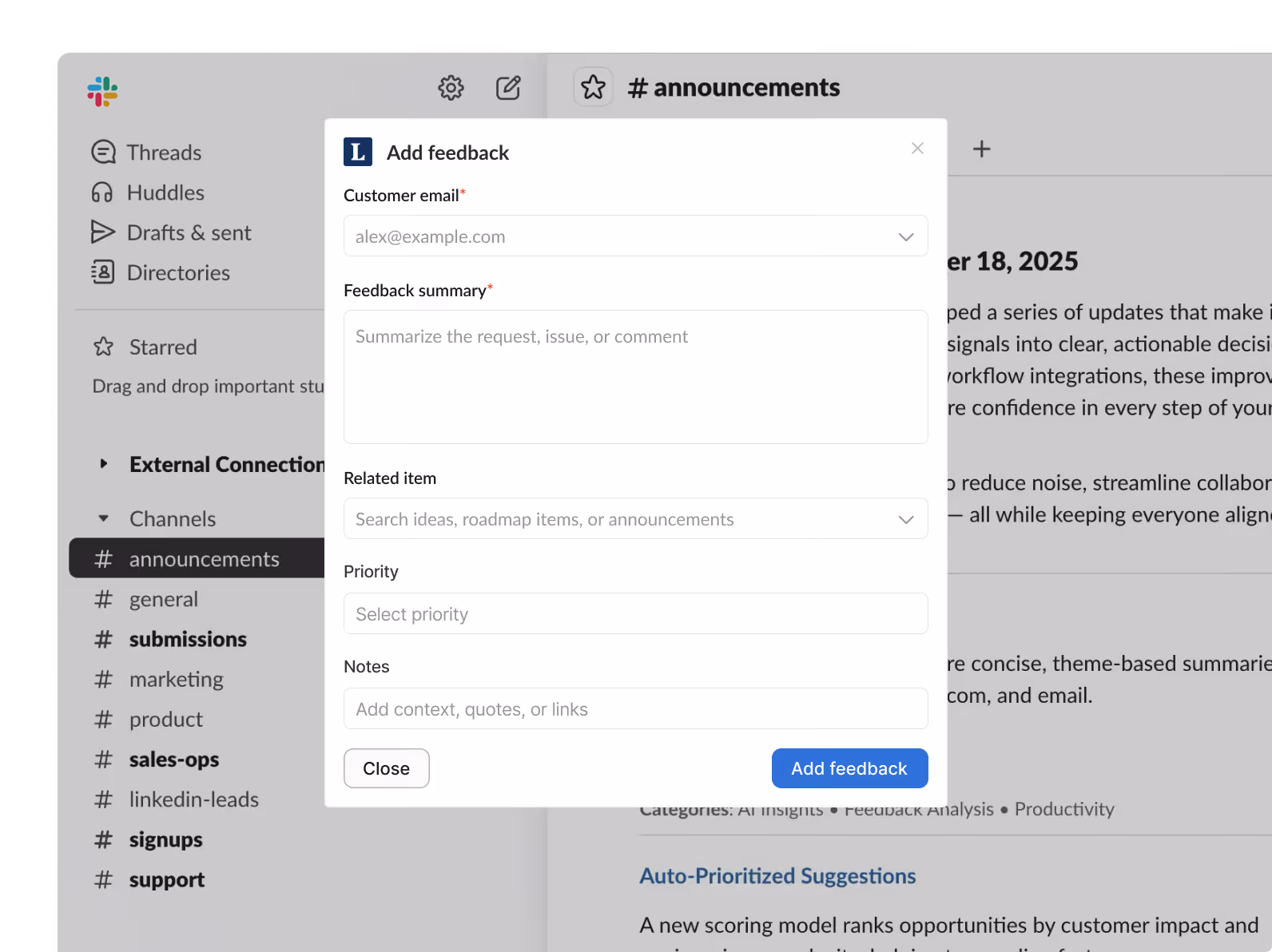 Slack interface showing an Add feedback form overlay with fields for email, summary, item, priority, and notes.