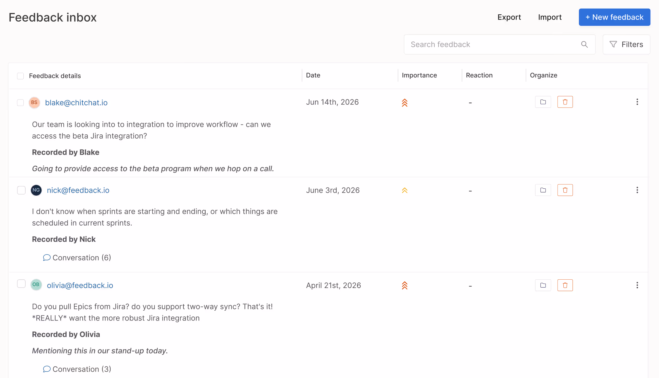 Feedback inbox interface showing three user feedbacks with dates, importance, and conversation links.