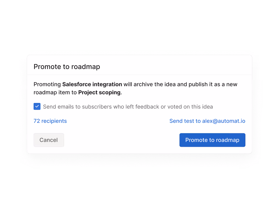 Dialog box to promote Salesforce integration to roadmap item Project scoping with email option and buttons.