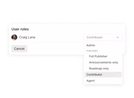 User roles menu for Craig Lane with options Admin, Publisher, Contributor, and a Cancel button.