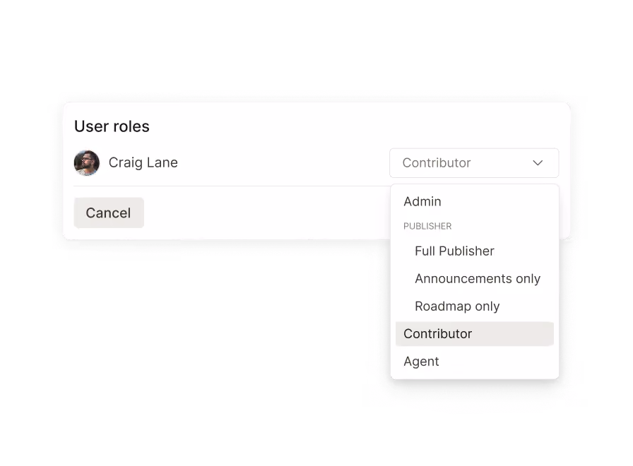 User roles menu for Craig Lane with options Admin, Publisher, Contributor, and a Cancel button.