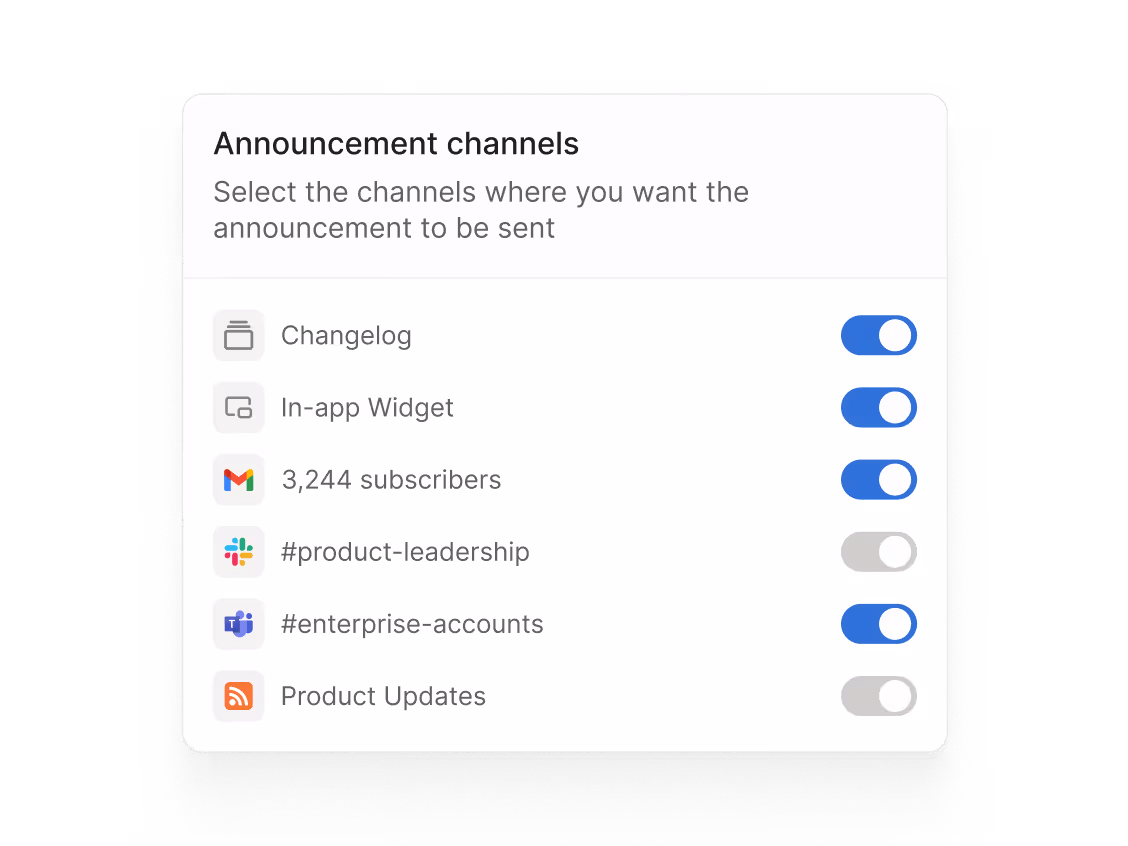 Settings panel for announcement channels with toggles for changelog, in-app widget, subscribers, Slack, Teams, and updates.