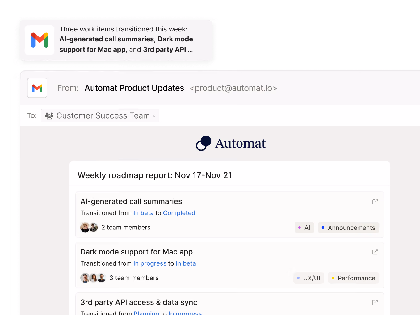 Email from Automat titled Q4 release digest sharing key updates on cross-functional hub and dynamic release planning.