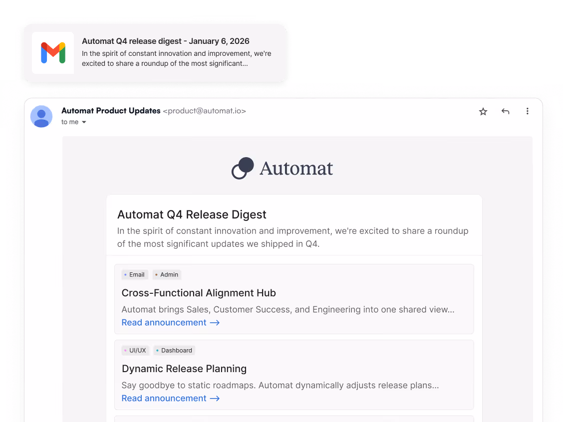 Email from Automat titled Q4 release digest sharing key updates on cross-functional hub and dynamic release planning.