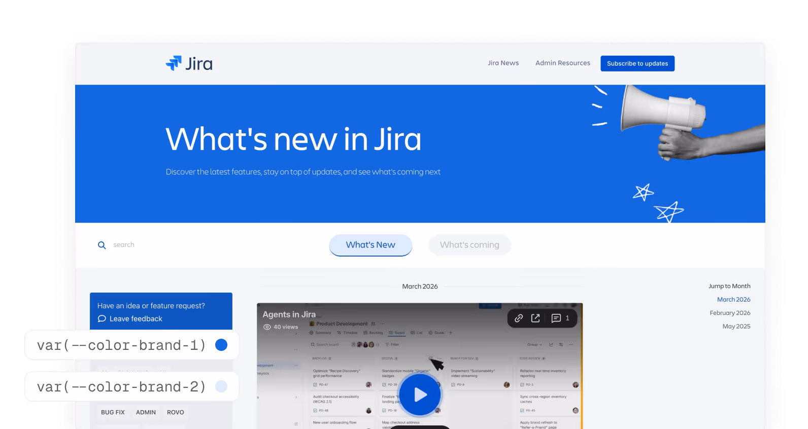 Jira's What's new page showing feature updates and a video preview with a megaphone illustration.