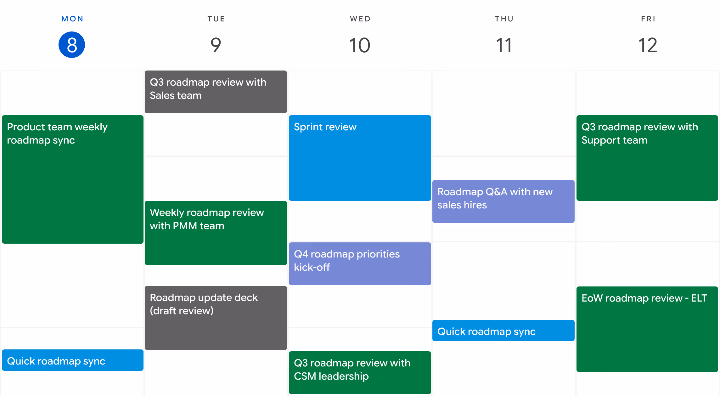 Weekly calendar with scheduled meetings on roadmaps and reviews from Monday to Friday.