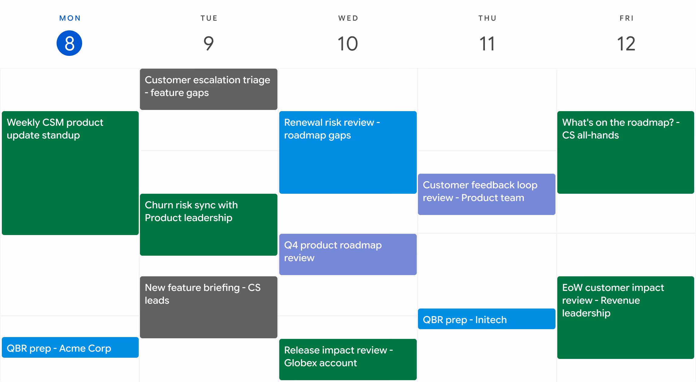 Weekly calendar with color-coded customer success meetings and reviews scheduled from Monday to Friday.