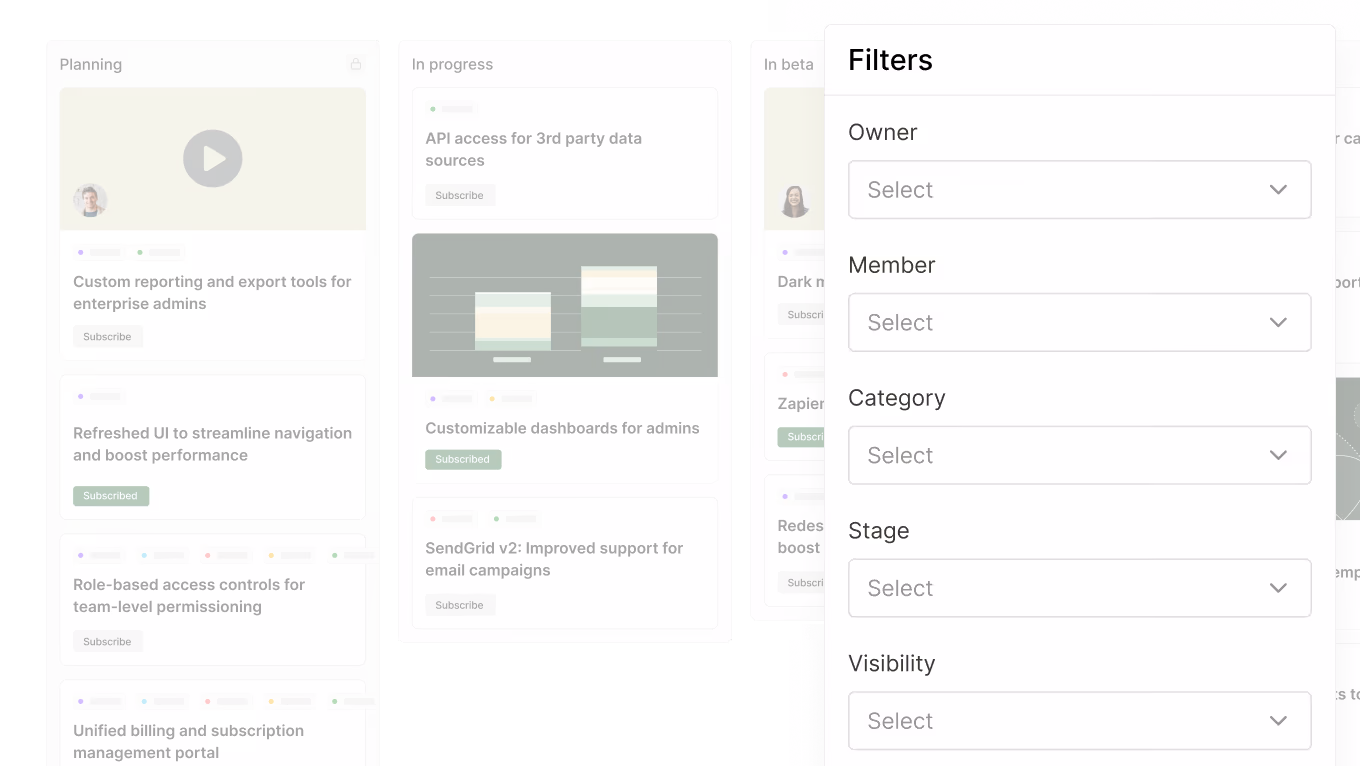 Task board with columns for Planning, In progress, In beta, and filters for owner, member, category, stage, visibility.