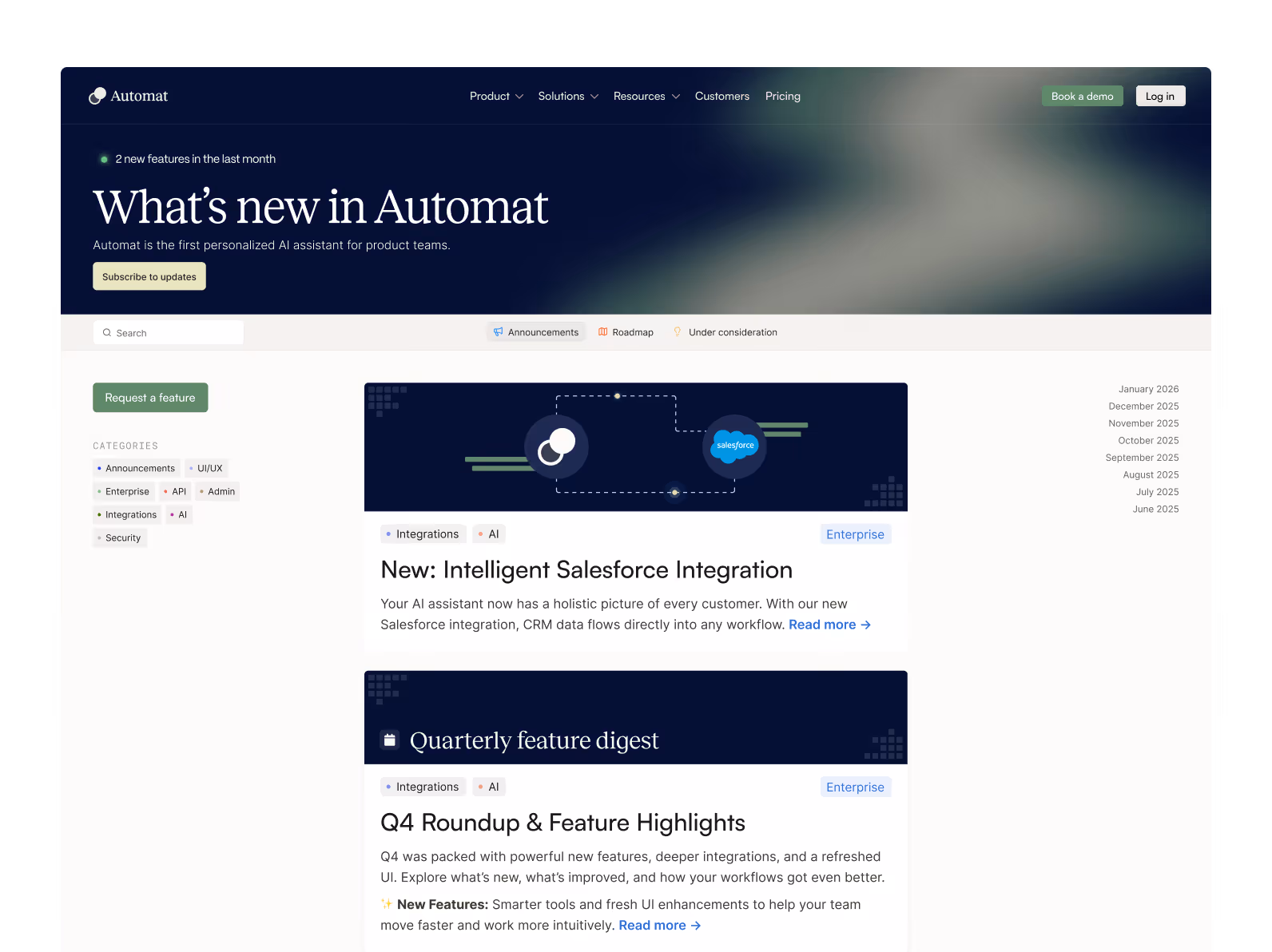 Automat changelog page showing new AI Salesforce integration and Q4 feature highlights for enterprise users.