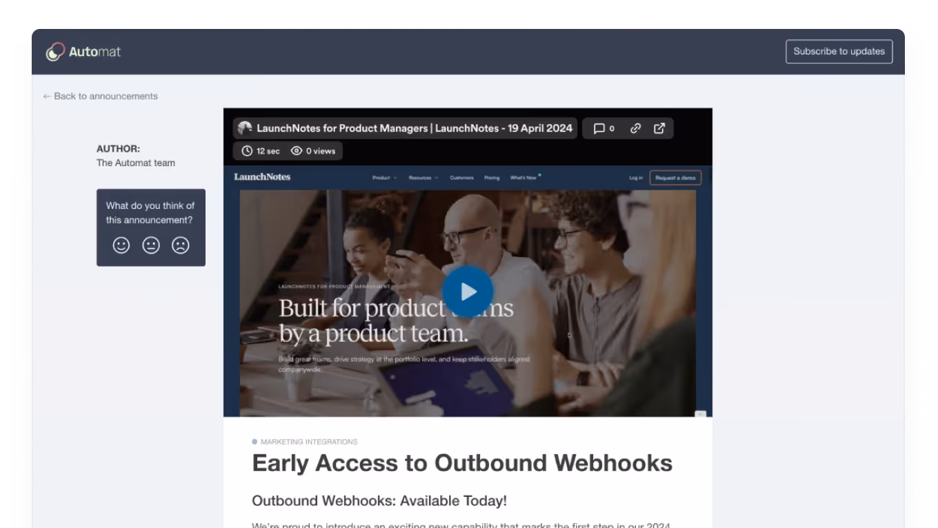 Webpage showing an announcement about early access to outbound webhooks with a video thumbnail of a product team.