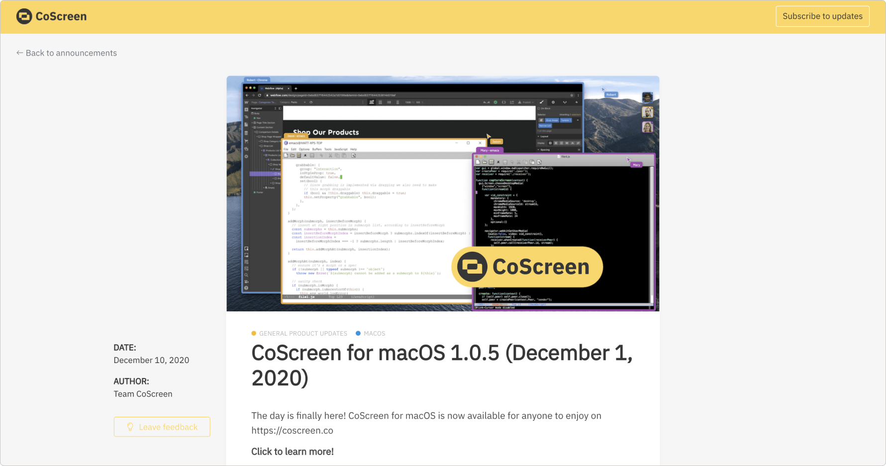 A CoScreen announcement on LaunchNotes