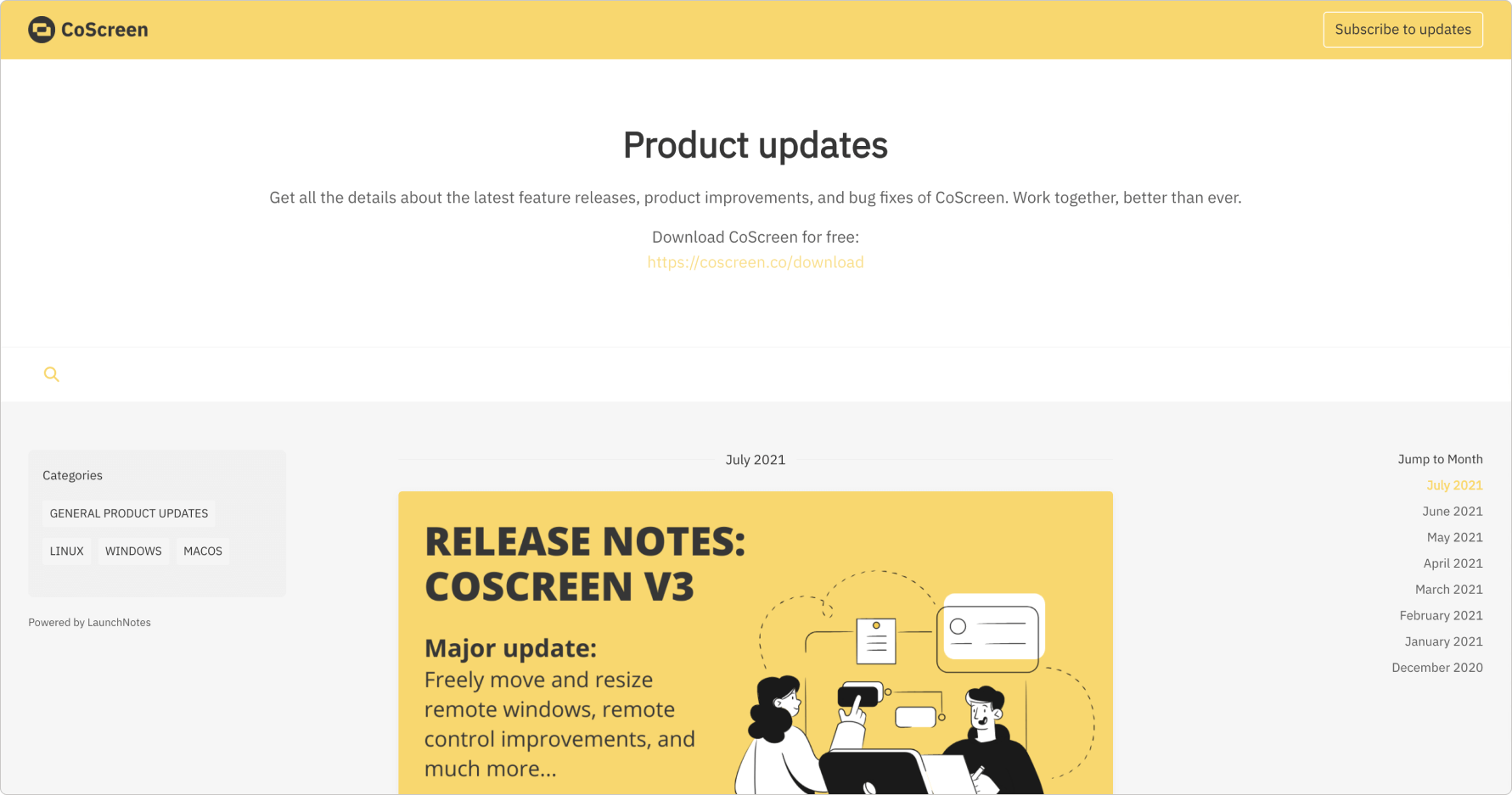 CoScreen release notes on LaunchNotes