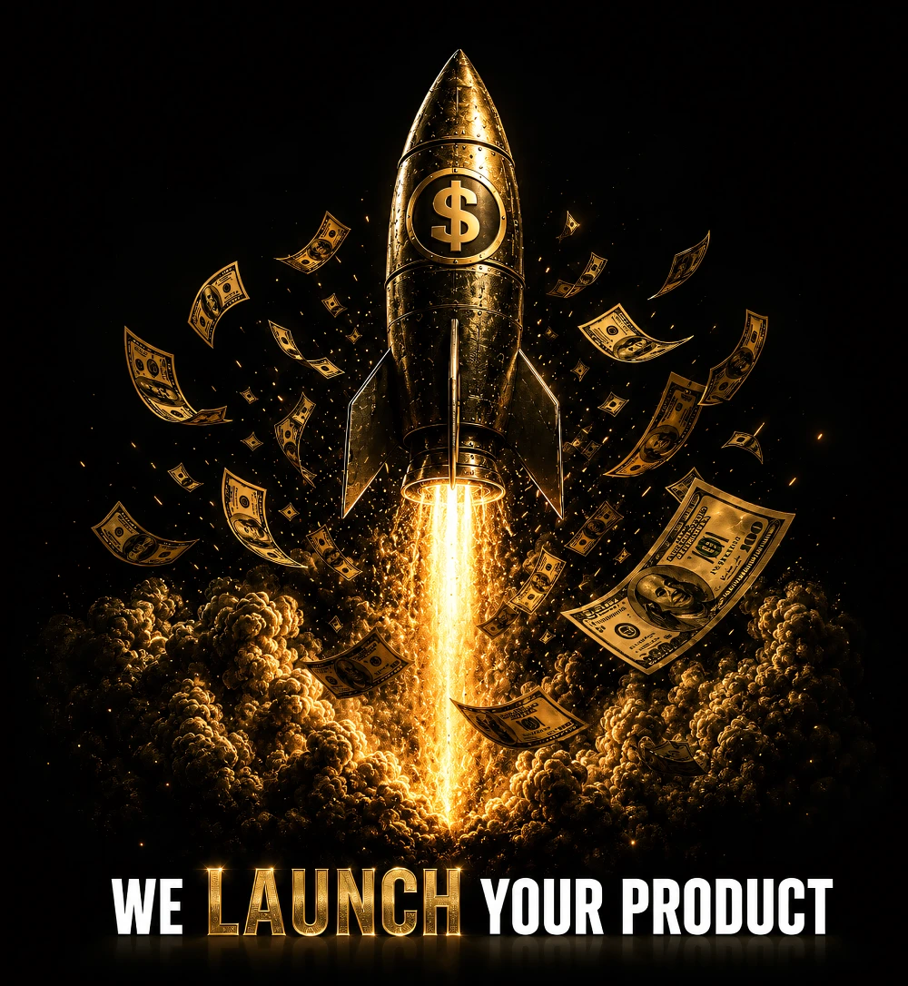Gold rocket with dollar sign launching amid flying dollar bills and smoke with text We Launch Your Product