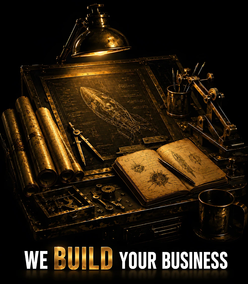 Design desk with blueprint and sketches of a rocket under a lamp, with text 'We Build Your Product'.