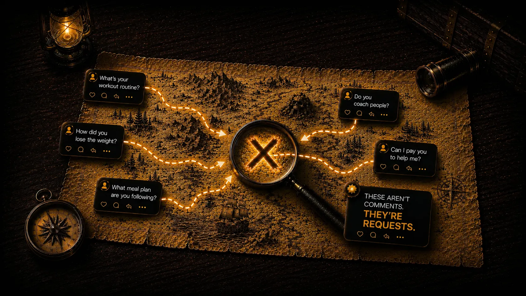 Old map with a magnifying glass over an X and question bubbles asking about workout, weight loss, coaching, and meal plans.