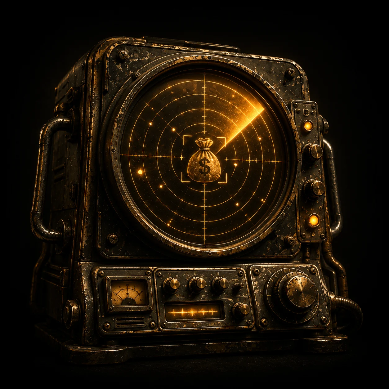 Vintage radar screen with glowing orange money bag symbol at center on a metal control panel.