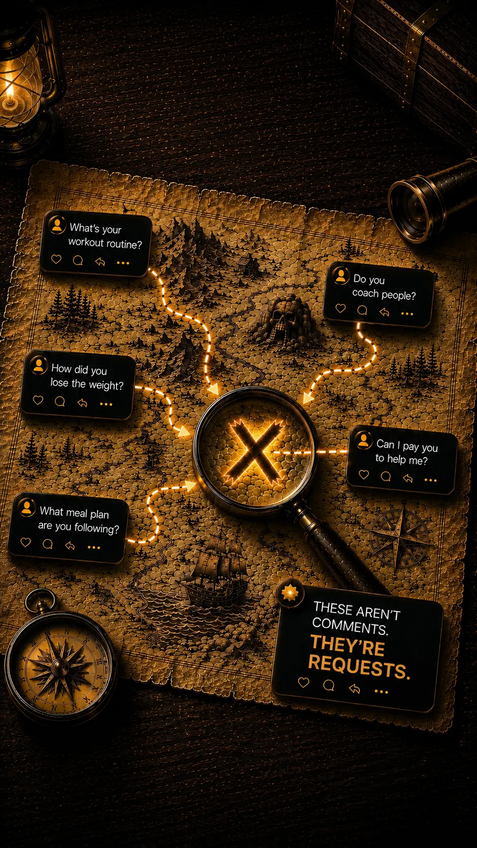 Vintage treasure map with glowing magnifying glass and chat bubbles showing requests, not comments.