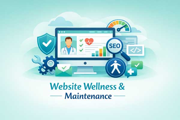 Graphic containing symbols and the Words Website Wellness & Maintenance