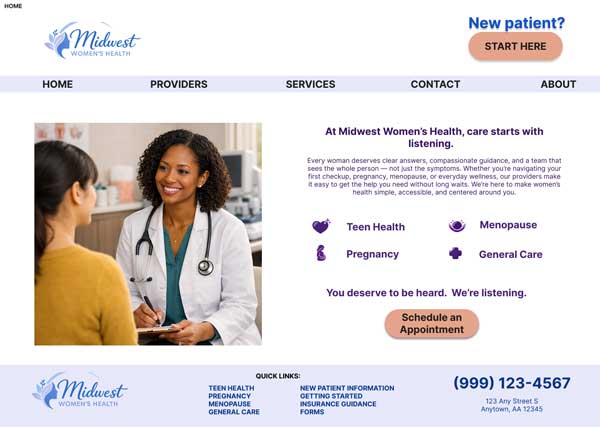 Image showing redesigned, cleaner, more user friendly home page for Midwest Women's Health