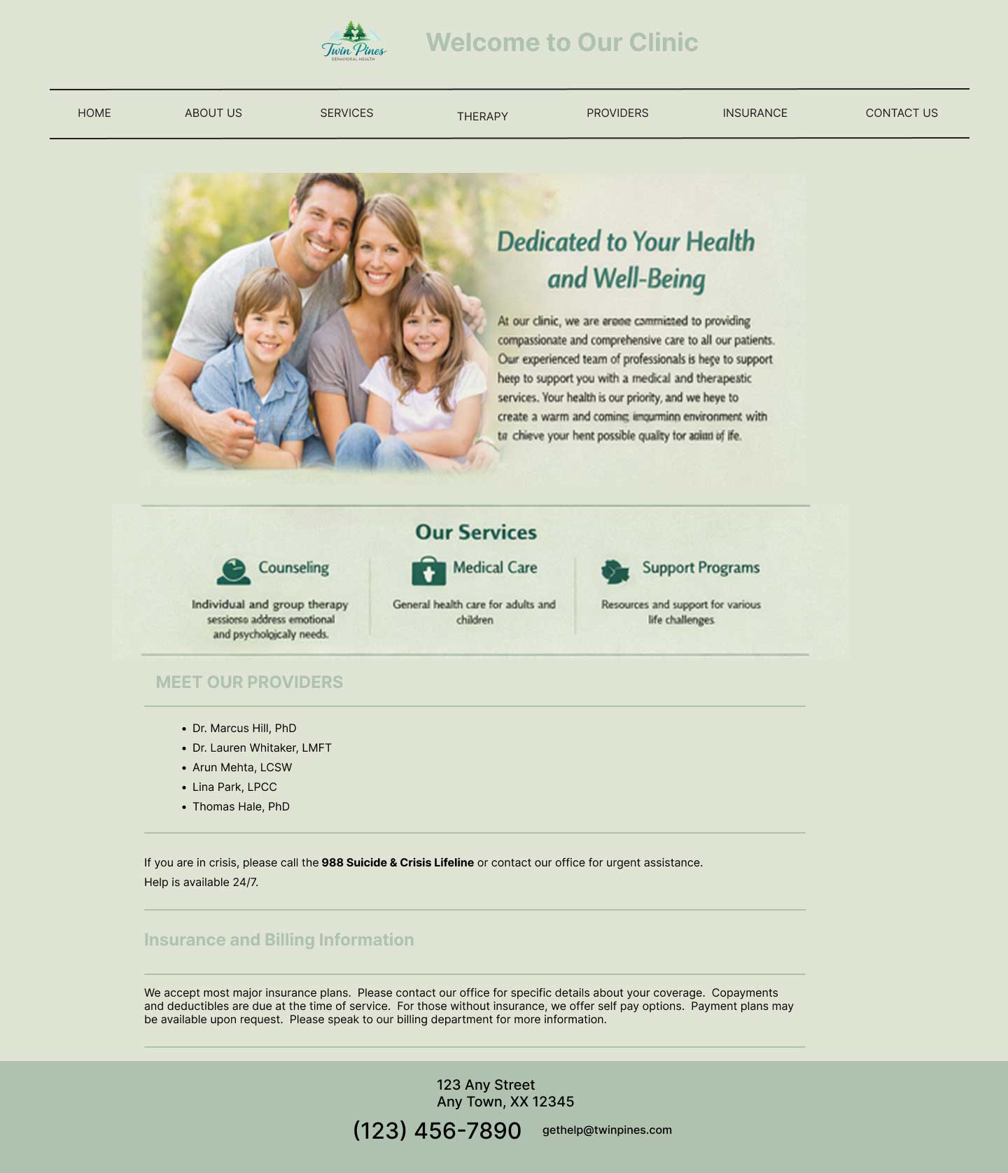 Screenshot of the original home page for Twin Pines Behavioral Health