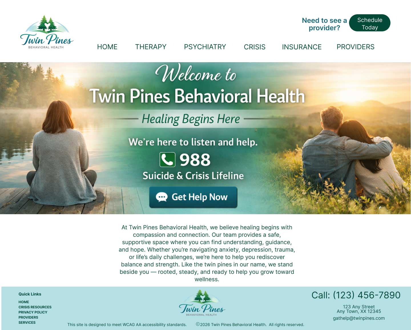 Redesigned home page for Twin Pines Behavioral Health