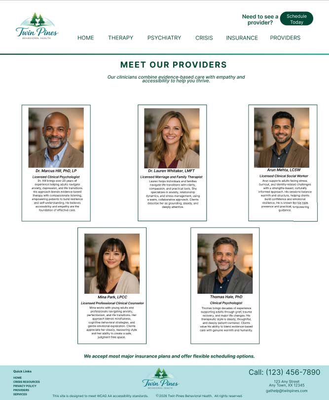 Redesigned provider page for Twin Pines Behavioral Health