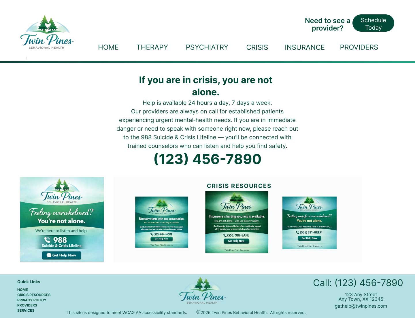 Redesigned crisis page for Twin Pines Behavioral Health