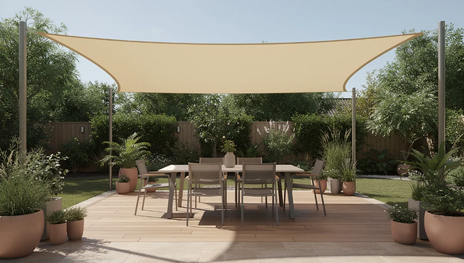 Outdoor patio with a beige sunshade, table, and chairs. Surrounded by greenery and potted plants, creating a serene and inviting mood.